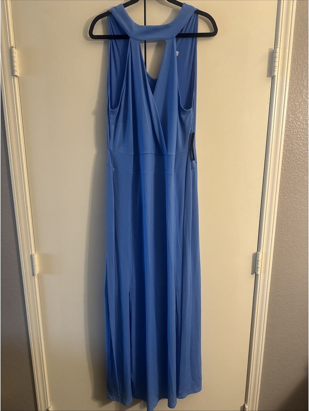 New York & Co Halter Maxi Dress Women XL Light Blue Solid Side Slit Casual NWT
